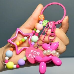 Pink White Pearl Balloon Toy Dog Star Beads Keychain Charm Bag Backpack Y2K